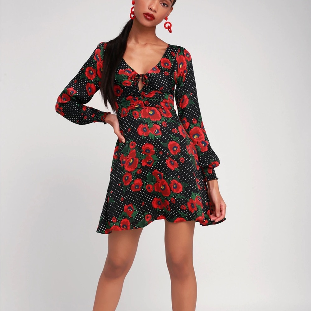 Free People Black, Red Floral, and Polka Dot Long Sleeved Dress